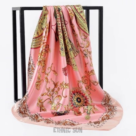 SZ63 EGZOTYCZNE WACHLARZE !!! Szalenie elegancka duża 90 cm x 90 cm bajecznie piękna chusta orientalny Szal Różowa Reylon