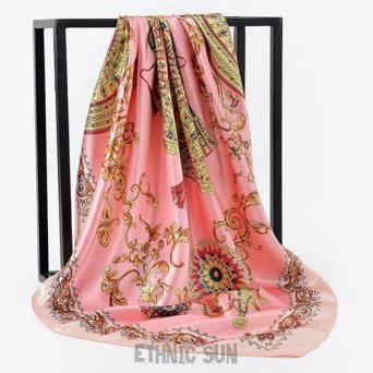 SZ63 EGZOTYCZNE WACHLARZE !!! Szalenie elegancka duża 90 cm x 90 cm bajecznie piękna chusta orientalny Szal Różowa Reylon