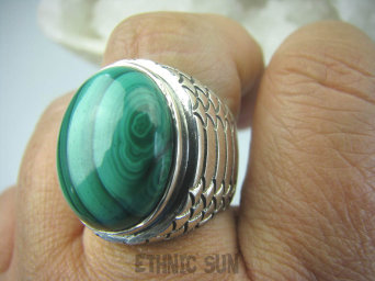 bpe5850 Duży 16 gramów !!!  Wspaniały Pierścień naturalny zielony Malachit - pobudza kreatywność r.22 zdobiona obrączka Srebro 925 #