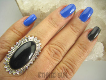 bpe7195 Piękny Egzotyczny pierścień czarny Onyks regeneruje SERCE, EGZEMY, PAMIĘĆ r.16 Srebro 925 #