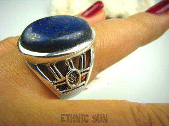 bpe1984 Duży Orientalny Pierścień z królewskim Lapis Lazuli - strażnik prawdy i mądrości r.21/ r.22 ażurowa obrączka Srebro 925 #