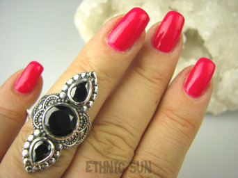bpee3680 Biżuteria Orientalna !!! Bajeczny Podłużny Elegancki Kunsztowny Pierścień Czarny ONYKS r.13 Mały Rozmiar Srebro 925 #