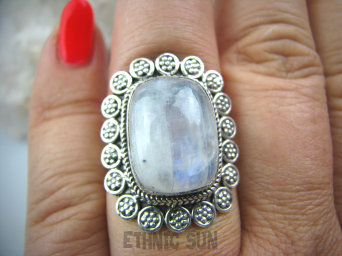 bpe4526 Biżuteria Egzotyczna !! Piękny Delikatny OKAZ Pierścień Kamień Księżycowy r.16 Srebro 925 #