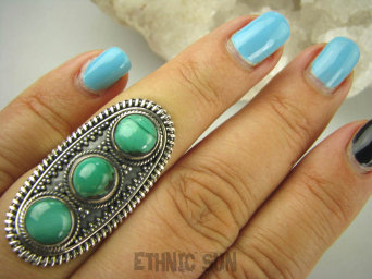 bpe6397 Przepiękny DUŻY Długi 3,8 cm !! Orientalny Pierścień z malachitami Zielony MALACHIT - pobudza kreatywnośćr.15 Srebro 925 #