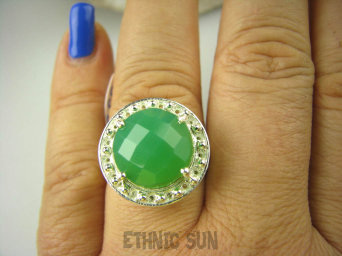 bpee3580 Cudowny LUX Wysoki Pierścień szlifowany zielony Jadeit r.16 lśniące Srebro 925 #