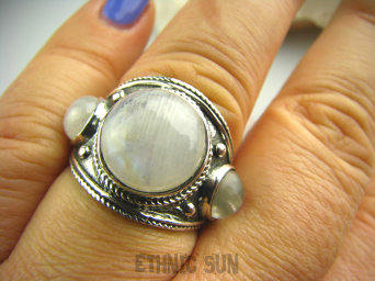 bpe2622 Biżuteria Orientalna - Potrójny Kamień Księżycowy piękny Pierścień Obrączka r.18 Srebro 925 #