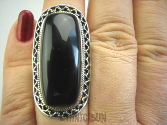 bpe4397 Biżuteria Orientalna !!! Długi 3.9 cm Pierścień z onyksem czarny ONYKS regeneruje SERCE, EGZEMY, PAMIĘĆ r.18 Srebro 925 #