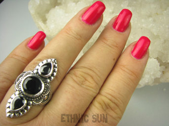 bpee3679 Biżuteria Orientalna !!! Bajeczny Podłużny Elegancki Kunsztowny Pierścień Czarny ONYKS r.19 Srebro 925 #