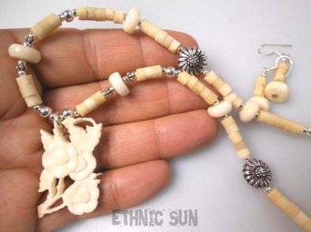 bn1084 Biżuteria Orientalna Delikatny Naszyjnik i Kolczyki Kość Bawola Koral Kwiaty SREBRO 925