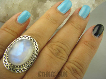 bpe6362 Niebiesko Chabrowa Egzotyczna piękność Pierścień Kamień Księżycowy r.17 Srebro 925 #