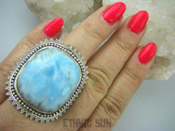 bpe5732 OLBRZYM OKAZ 33 G !!! Pierścień RZADKI Anielski kamień LARIMAR - stawy ,serce, lęki , otwiera czakrę gardła r.17 Srebro 925 #