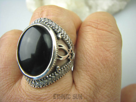 bpe5502 Śliczny ażurowy Pierścień Onyks - regeneruje SERCE, EGZEMY, PAMIĘĆ r.22/ r.23  zdobiona ażurowa obrączka Srebro 925 #