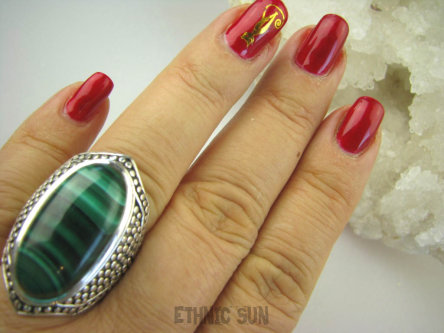 bpe6503 Duży 19 gramów !!!  Wspaniały Egzotyczny Duży Pierścień naturalny Malachit - pobudza kreatywność r.22 Srebro 925 #