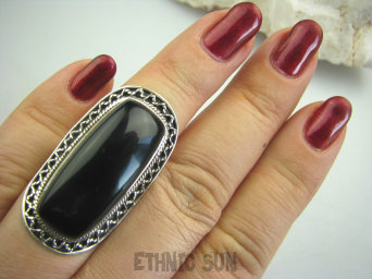 bpe4383 Biżuteria Orientalna !!! Długi 3.9 cm Pierścień z onyksem ONYKS regeneruje SERCE, EGZEMY, PAMIĘĆ r.13/r.14 Srebro 925 #