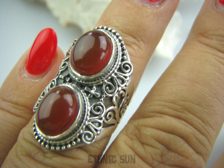 bpe5094 Orientalny Pierścień z onyksami czerwony ONYKS regeneruje SERCE, EGZEMY, PAMIĘĆ r.12 Mały Rozmiar Srebro 925 #