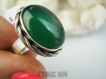 bpe9698 PIĘKNY Egzotyczny Pierścień Pierścionek Zielony ONYKS regeneruje SERCE, EGZEMY, PAMIĘĆ r.16 Srebro 925 #