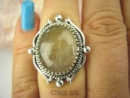 bpe8467 FINEZYJNY Pierścień ZŁOTE włosy WENUS w zachwycającej oprawie  !!! Pierścionek KWARC z RUTYLEM r.16 SREBRO 925 #