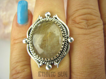 bpe8467 FINEZYJNY Pierścień ZŁOTE włosy WENUS w zachwycającej oprawie  !!! Pierścionek KWARC z RUTYLEM r.16 SREBRO 925 #