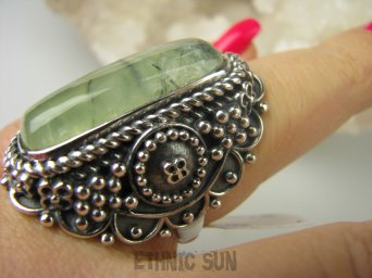 bpe6868 CUDO UNIKAT NASZ PROJEKT !!! Duży Masywny 30 G !!! PIERŚCIEŃ PREHNIT r.18 Srebro 925 #