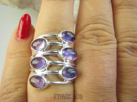 bpe8956 ZAKRĘCONA SPIRALA !!!! Ażurowy Pierścień Pierścionek potrójna obrączka Ametyst - kamień mądrości r.16 Srebro 925 #