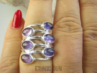 bpe8956 ZAKRĘCONA SPIRALA !!!! Ażurowy Pierścień Pierścionek potrójna obrączka Ametyst - kamień mądrości r.16 Srebro 925 #