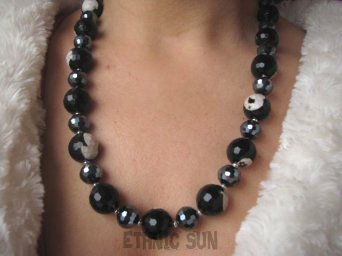 bn13 BIAŁO CZARNA Błyszcząca Panda DUŻY Naszyjnik wielobarwny Agat Panda  lśniące kryształki Kolczyki Srebro