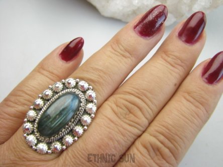 bpe9620 Biżuteria Orientalna Pierścień Pierścionek Labradoryt w paseczki Spektrolit - kamień Zorzy Polarnej r.18 Srebro 925 #