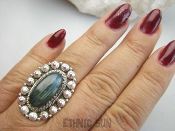 bpe9620 Biżuteria Orientalna Pierścień Pierścionek Labradoryt w paseczki Spektrolit - kamień Zorzy Polarnej r.18 Srebro 925 #