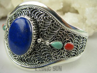 bb3230 BOSKA Nepalska Piękność !!! Biżuteria Orientalna NIEZWYKŁA OGROMNA 61 gramów !!! Otwarta BRANSOLETA Królewski LAPIS LAZULI Turkus Koral Srebro 925 #