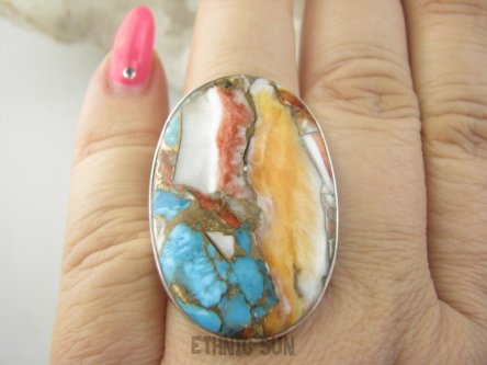 bpe9446 Duża 3,7cm/2,4cm Wielobarwna Ostryga 15G Pierścień OSTRYGOWY TURKUS MIEDZIANY Turkus OSTRYGA Muszla złota MIEDZ r.17 Srebro 925 #