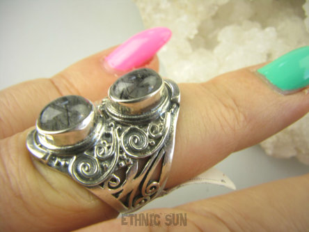 bpe8872 Egzotyczny Pierścień Pierścionek Kwarc SAGENITOWY z czarnym Rutylem r.12 Srebro 925 #