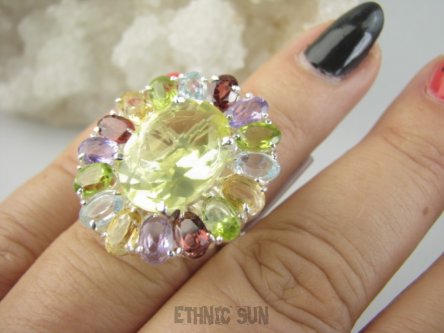 bpee4640 Wooow BOSKO PIĘKNY WIELOBARWNY Lux Pierścień Pierścionek naturalny Cytryn Lemon, Ametyst, Granaty, Oliwin, Blue Topaz r.14 SREBRO 925 #