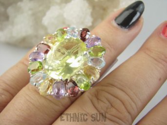 bpee4640 Wooow BOSKO PIĘKNY WIELOBARWNY Lux Pierścień Pierścionek naturalny Cytryn Lemon, Ametyst, Granaty, Oliwin, Blue Topaz r.14 SREBRO 925 #