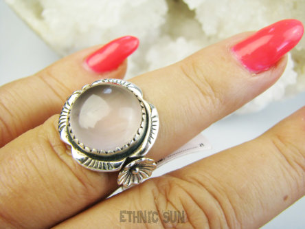 bpe9629 Różowo pastelowe Cudo Pierścień Pierścionek Kwarc Różowy kamień mocnego serca r.14 Srebro 925 #