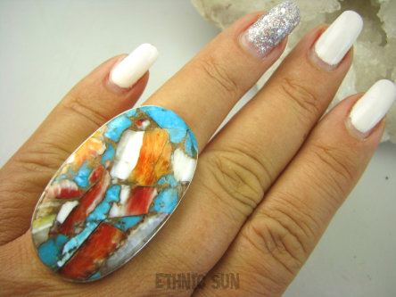 bpe8157 Wielobarwny Gigant 4.3cm/ 2,5cm Pierścień OSTRYGOWY TURKUS MIEDZIANY TOSTRYGA Muszla złota MIEDZ r.19 Srebro 925 #