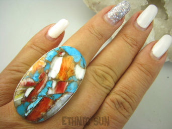 bpe8157 Wielobarwny Gigant 4.3cm/ 2,5cm Pierścień OSTRYGOWY TURKUS MIEDZIANY TOSTRYGA Muszla złota MIEDZ r.19 Srebro 925 #