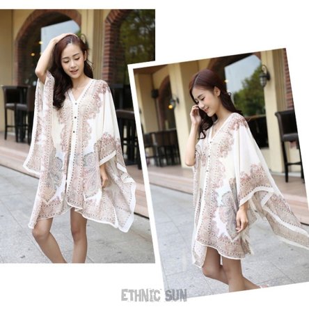 P34 ORIENTALNA PIĘKNOŚĆ 5 W 1 !!!! Pareo, Bluzka, Sukienka, Chusta, Szal w kolorze  BIAŁYM Z BRĄZOWYMI WZORAMI PERŁY - rozmiar uniwersalny