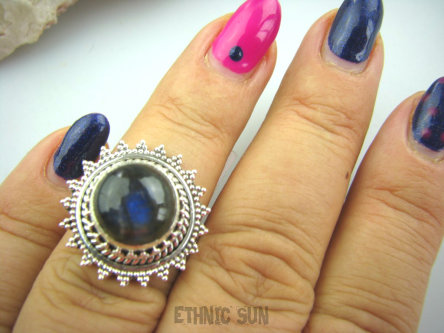 bpe5195 Koronkowe Cacko  Pierścień Granatowo Niebieski LABRADORYT Spektrolit - kamień Zorzy Polarnej r.13 Mały Rozmiar SREBRO 925 #