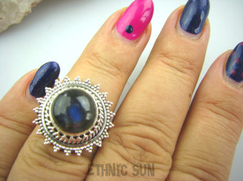 bpe5195 Koronkowe Cacko  Pierścień Granatowo Niebieski LABRADORYT Spektrolit - kamień Zorzy Polarnej r.13 Mały Rozmiar SREBRO 925 #