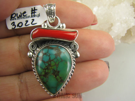 bwe3022 Biżuteria Egzotyczna !!! Masywny Wisior naturalny Zielono Turkusowy TURKUS czerwony Koral Gałązka Turkusy Srebro 925 #