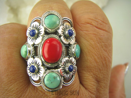 bpe8138 Wybitna kolekcja - Duży Piękny Pierścień Koral Turkus Turkusy Lapis Lazuli r.22/ r.23 Srebro 925 #