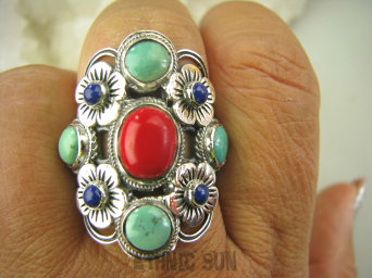 bpe8138 Wybitna kolekcja - Duży Piękny Pierścień Koral Turkus Turkusy Lapis Lazuli r.22/ r.23 Srebro 925 #