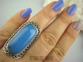 bpe3650 Błękitno - Niebieski CHALCEDON (TARCZYCA) Długi 4.1 cm Pierścień z chalcedonem r.15/ r.16 Srebro 925 czakra gardła #