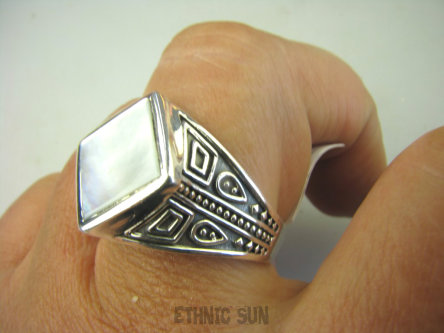 bpee4043 UNISEX DUŻY MĘSKI lub damski SYGNET Pierścień Pierścionek Macica Perłowa r.31 DUŻY ROZMIAR Srebro 925 #