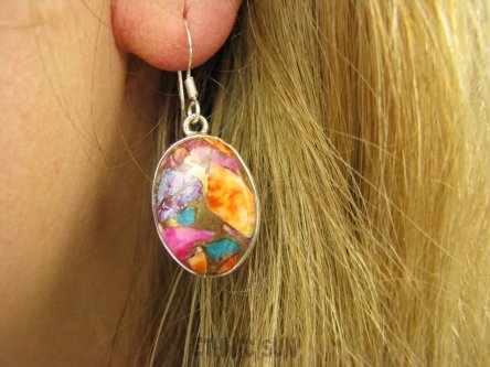 bke1091 Zjawiskowe Piękne Kolczyki Duże Okazy kamieni Wielobarwny OSTRYGOWY TURKUS MIEDZIANY lśniące Srebro 925