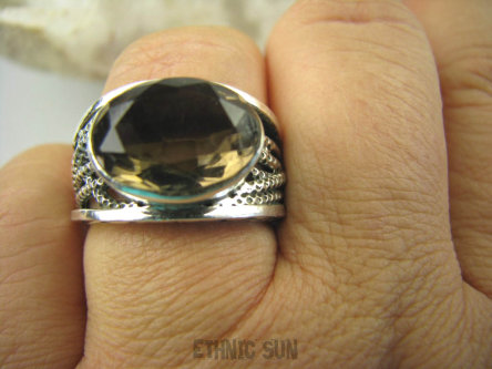 bpee3479 CUDOWNY KLEJNOT Piękny Pierścień Brązowy Kwarc Dymny - kamień antystresowy r.20 szeroka obrączka Srebro 925 #