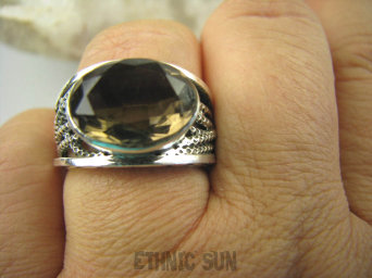 bpee3479 CUDOWNY KLEJNOT Piękny Pierścień Brązowy Kwarc Dymny - kamień antystresowy r.20 szeroka obrączka Srebro 925 #