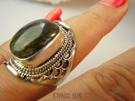 bpe9064 Biżuteria Orientalna !!! Egzotyczny Pierścień Pierścionek LABRADORYT Spektrolit - kamień Zorzy Polarnej r.16 SREBRO 925 #