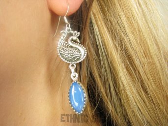 bke1144 Królewski Paw - symbol nieśmiertelności CUDOWNE Długie 6 cm Kolczyki niebieski Chalcedon czakra gardła Srebra SREBRO 925