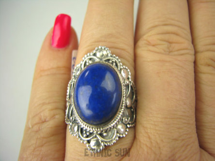 bpe6837 Egzotyczna Piękność !!! Orientalny Piękny Pierścień z królewskim Lapis Lazuli - strażnik prawdy i mądrości r.20 Srebro 925 #